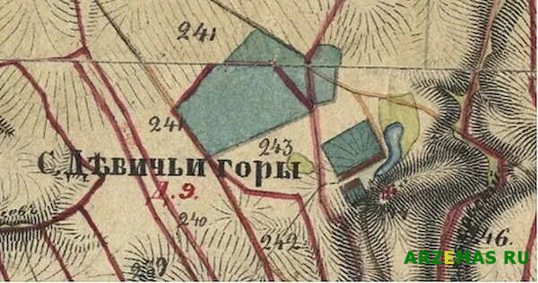Село Девичьи Горы на карте Менде, 1850 год